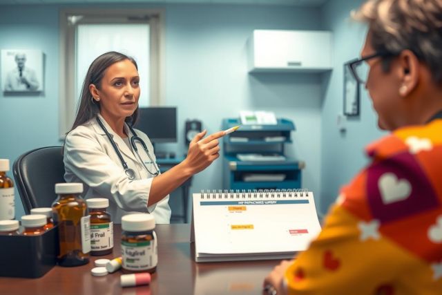 The image depicts a professional setting with two individuals engaged in a discussion. A woman, possibly a doctor or healthcare professional due to her white lab coat and the context of the scene, is seated at a desk.