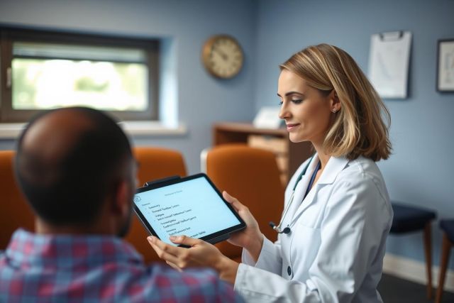 A female doctor in a white coat reviews a tablet while speaking with a patient in a medical office. The scene includes natural light and a warm color palette.