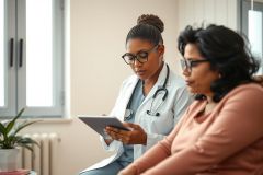 Doctor examining patient with tablet in clinic. Healthcare professional discusses medical information. Warm lighting, modern interior, friendly consultation.