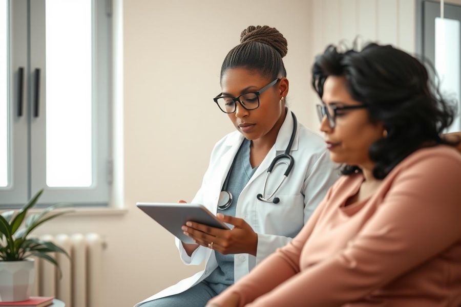 Doctor examining patient with tablet in clinic. Healthcare professional discusses medical information. Warm lighting, modern interior, friendly consultation.