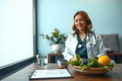 A healthcare professional in a white coat stands near a table with fruit, a clipboard, and a glass of water. The scene depicts a wellness setting with natural light and a calming blue background.