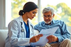 A doctor examines a patient's chart in a brightly lit room. The doctor, wearing a white coat and stethoscope, is focused on the document while the patient looks on. A healthcare consultation setting is evident.