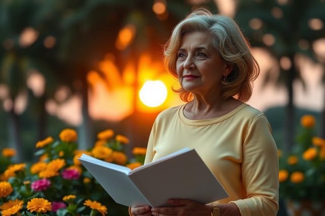 The image depicts an older woman sitting on a bench at dusk. She is dressed in a yellow top and appears to be reading a book, as she holds it open with both hands.