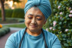 The image features a woman with an elderly appearance, smiling gently. She is wearing a blue scrub and has her hair wrapped in a colorful headscarf, suggesting she may be a healthcare professional.