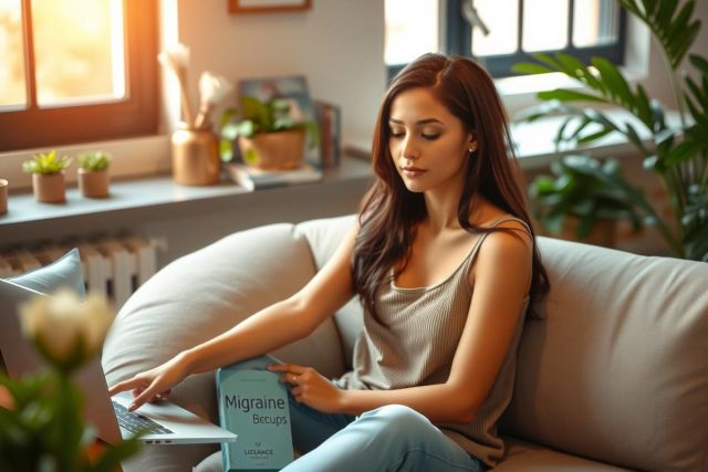 A woman is sitting comfortably on a couch, working on her laptop. She appears to be engaged in an activity that might involve health or wellness content, as she holds a book titled 'Migraine'. The room has a cozy ambiance with indoor plants and books around her, suggesting a homey setting conducive to focused work.