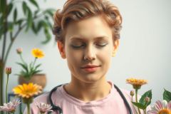 A woman with short brown hair, wearing a pink top and closed eyes, smiling. She is surrounded by yellow flowers in the background.