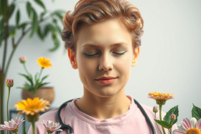 A woman with short brown hair, wearing a pink top and closed eyes, smiling. She is surrounded by yellow flowers in the background.