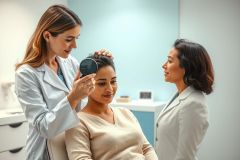 Dermatologist examining a patient's skin with a magnifying glass in a modern clinic. Two female medical professionals in white coats assess skin health against a light blue backdrop. Focus on skincare and dermatology services.
