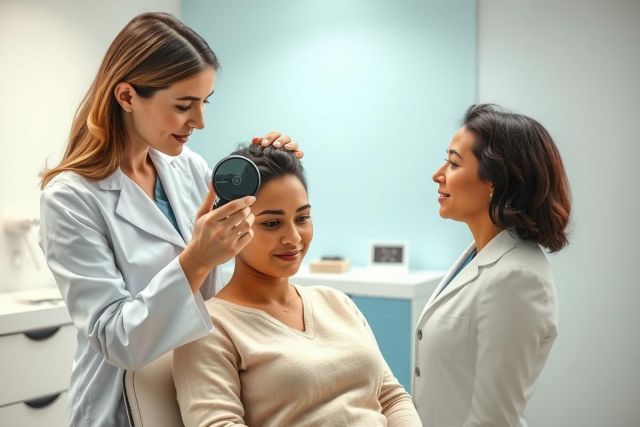 Dermatologist examining a patient's skin with a magnifying glass in a modern clinic. Two female medical professionals in white coats assess skin health against a light blue backdrop. Focus on skincare and dermatology services.