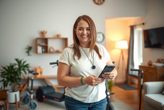A young woman in a living room, smiling while holding a smartphone. She's wearing a casual outfit, possibly jeans and white top. The environment features light wood furniture and a cozy atmosphere.