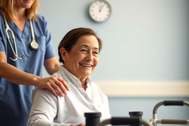 Senior woman with walking aids receives assistance from a healthcare professional. Image depicts care, support, and rehabilitation in a medical setting. Blue scrubs, white shirt, and a warm, reassuring atmosphere are visible.