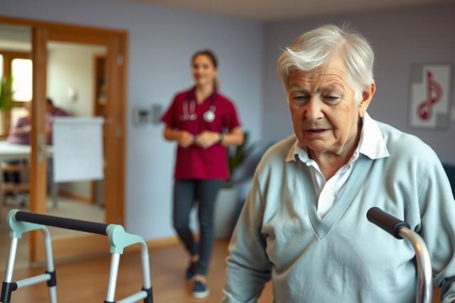 A medical professional, possibly a nurse or physician assistant, wearing scrubs, is assisting an elderly patient with mobility issues. 