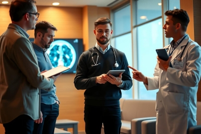 The image depicts a group of professionals in what appears to be a medical or healthcare setting. Central to the scene is a person dressed in scrubs, likely a doctor or nurse, surrounded by three individuals who could possibly be patients or caregivers. 