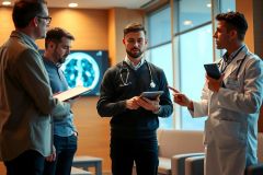 The image depicts a group of professionals in what appears to be a medical or healthcare setting. Central to the scene is a person dressed in scrubs, likely a doctor or nurse, surrounded by three individuals who could possibly be patients or caregivers. 