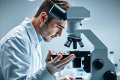 Scientist examining cells under a microscope in a laboratory setting. The image features a man in a white lab coat, focused on a petri dish with red and pink cells. Modern science, research, and microscopy are key themes.