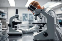 Scientist working in a modern laboratory, examining samples under microscopes. The image showcases scientific research, biology, and laboratory equipment in a clean, bright environment with white and gray tones. Focus on microscopy and scientific discovery.