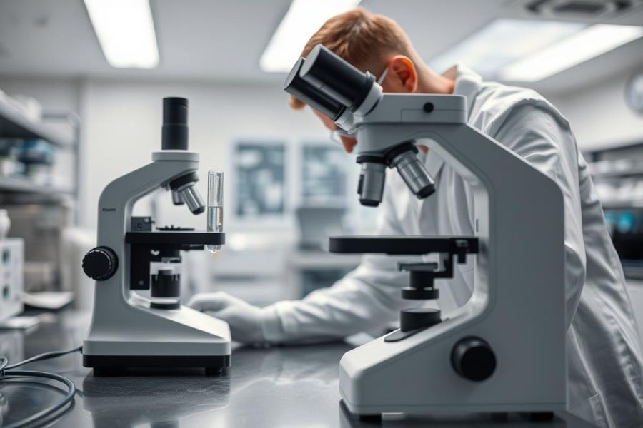 Scientist working in a modern laboratory, examining samples under microscopes. The image showcases scientific research, biology, and laboratory equipment in a clean, bright environment with white and gray tones. Focus on microscopy and scientific discovery.