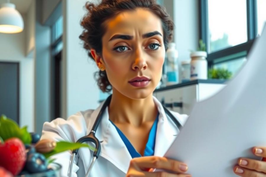Female doctor in a lab coat examines a paper, surrounded by fruit and medical equipment. The scene suggests healthcare research or analysis in a clinical setting.
