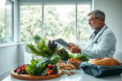 A doctor in a white coat examines a tablet while surrounded by fresh fruits, vegetables, nuts, and bread. The scene suggests nutritional guidance or healthy eating advice, set against a bright, natural light backdrop with greenery visible through a window. Focus is on health, wellness, and dietary recommendations.
