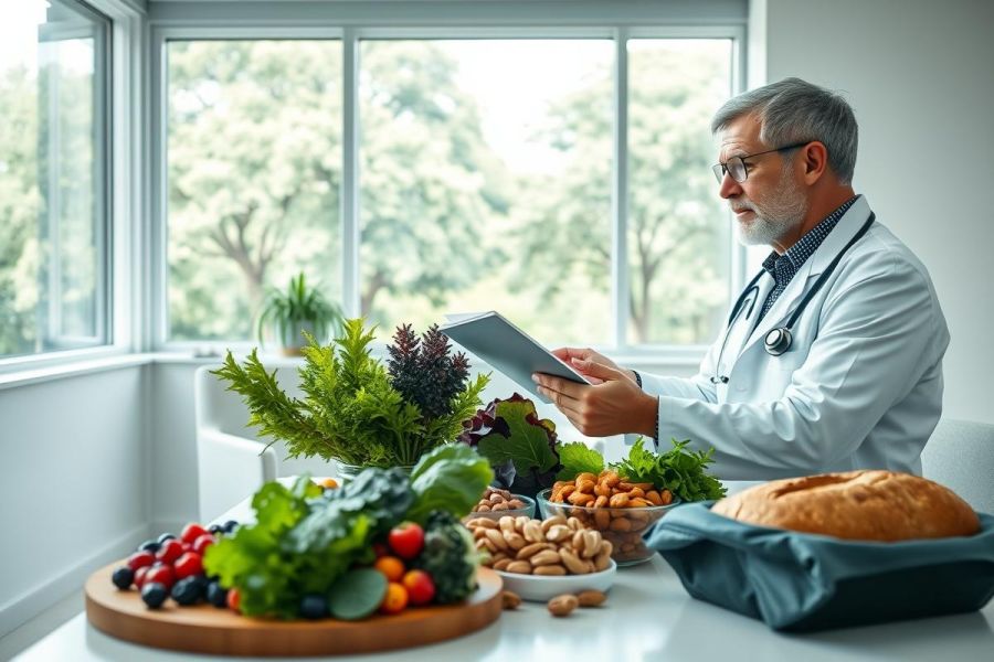 A doctor in a white coat examines a tablet while surrounded by fresh fruits, vegetables, nuts, and bread. The scene suggests nutritional guidance or healthy eating advice, set against a bright, natural light backdrop with greenery visible through a window. Focus is on health, wellness, and dietary recommendations.