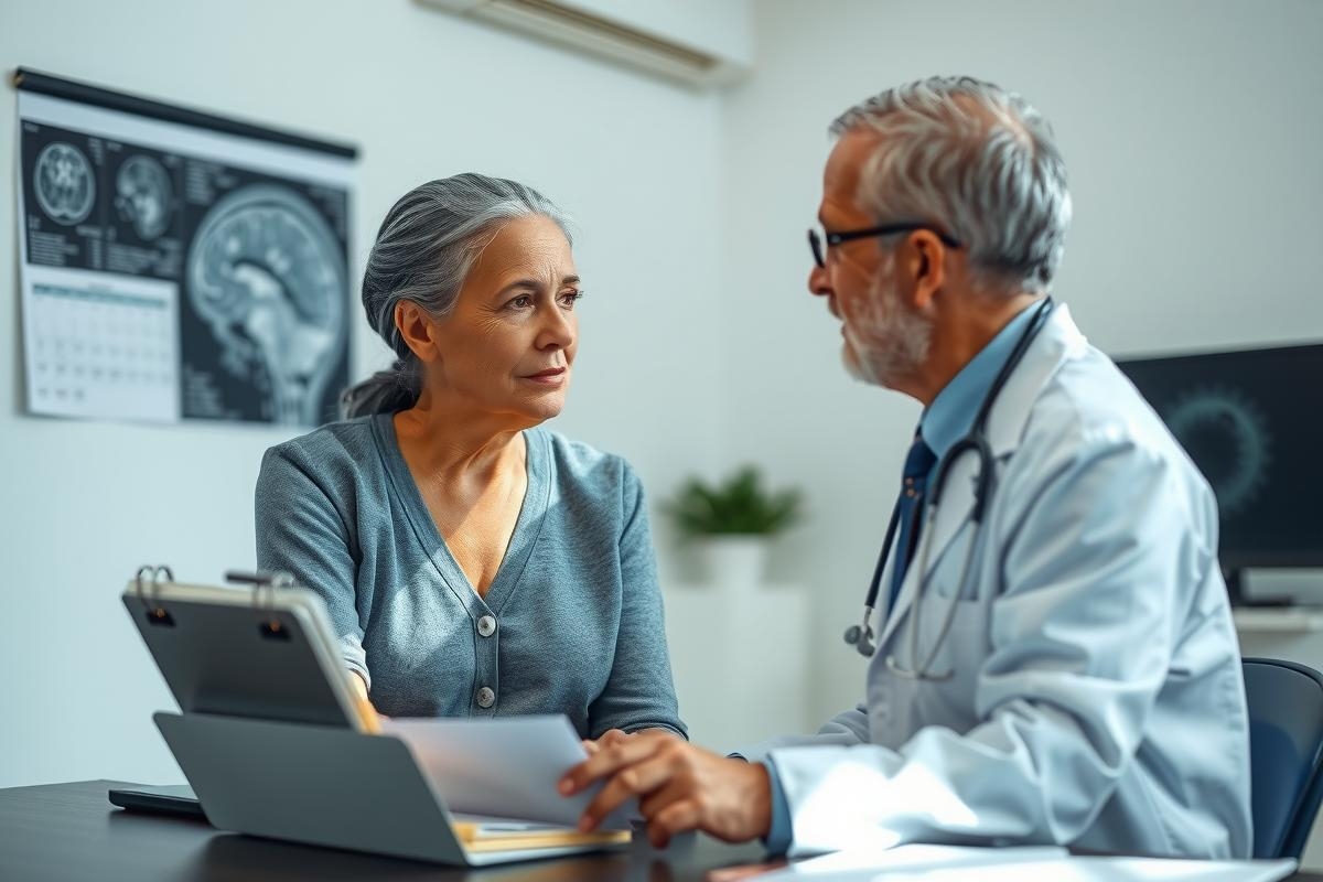 The image portrays a medical consultation scene. A doctor, identifiable by the white coat and stethoscope, is attentively listening to a patient. The patient is seated comfortably on an examination chair, with the doctor positioned across from her at a desk.
