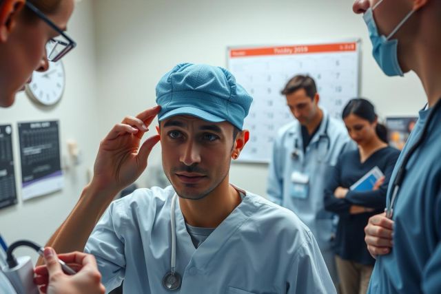 The image depicts an operating room setting where medical personnel, including a surgeon and nurses, are gathered around a patient. The focus is on the surgeon touching his cap in front of the patient. 
