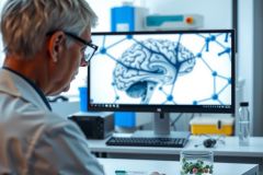 Researcher examining a brain scan on a monitor in a lab setting. The image features medical technology, a white coat, and a focus on neurological research. Blue and white tones dominate the scene.