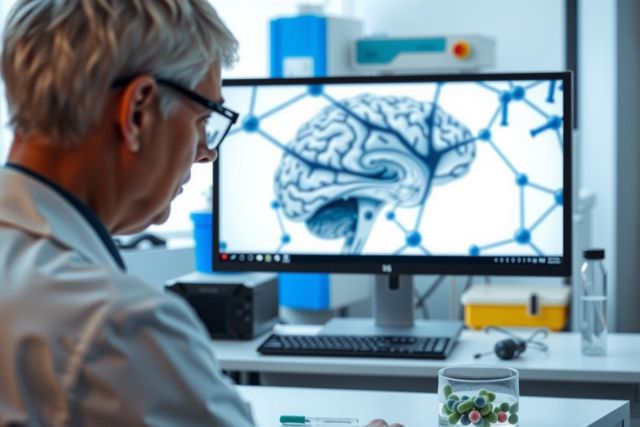 Researcher examining a brain scan on a monitor in a lab setting. The image features medical technology, a white coat, and a focus on neurological research. Blue and white tones dominate the scene.
