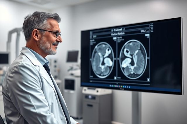 Doctor examining a brain MRI scan on a large monitor in a modern medical clinic. The image features a gray-haired male physician in a white coat, focusing on the detailed neurological imagery displayed. Healthcare, diagnostics, and medical technology are key themes.