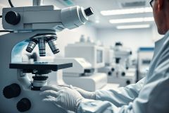 Scientist using a microscope in a modern laboratory. Focus on the scientific equipment and sterile environment, featuring white and silver tones. Represents research, biology, and medical science concepts.