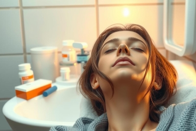 The image portrays a woman in the middle of a relaxing moment, possibly at home. She is seated on a white surface, which could be part of a bathroom or a kitchen counter. Her eyes are closed, and her mouth is slightly open, suggesting she may be deep in thought or simply enjoying a quiet moment by herself.