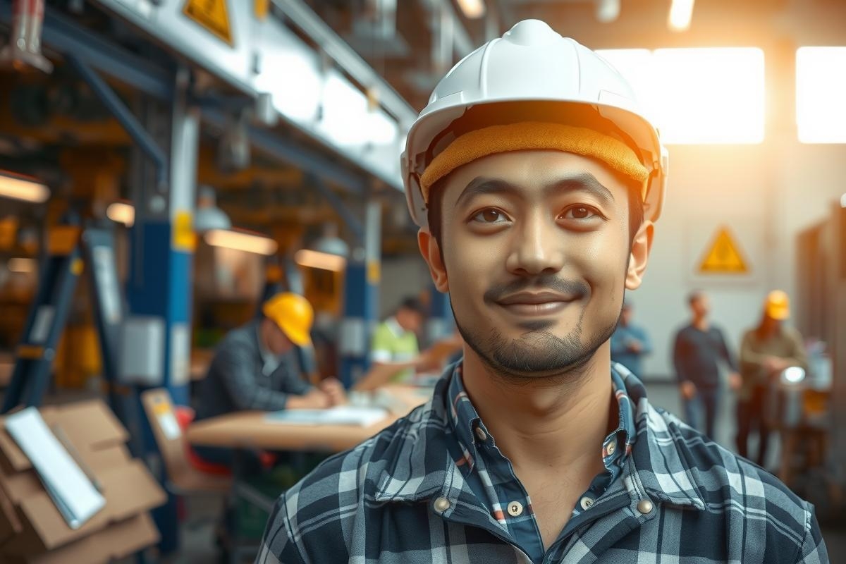 The image showcases a man wearing protective safety gear, including a white hard hat and safety glasses. He is standing in an industrial setting with machinery, likely within a factory or warehouse environment. The man appears to be posing for the photo with a confident expression on his face.