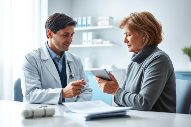 Doctor consults with a patient in a bright, modern medical office. The image depicts a healthcare professional in a white coat discussing results on a tablet with a mature woman. Pill bottles and paperwork are visible on the table. Keywords: doctor, patient, healthcare, consultation, medical, office, tablet, medicine.