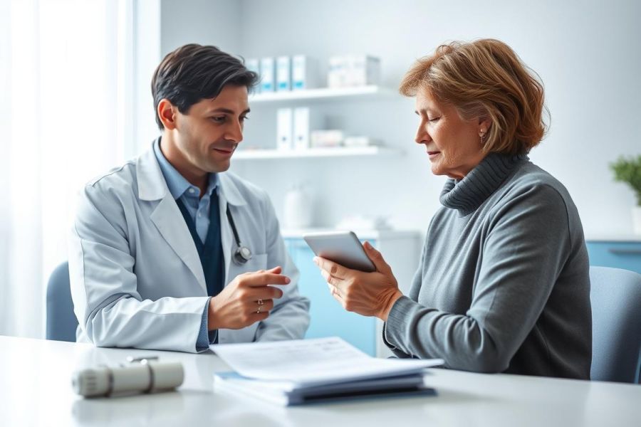 Doctor consults with a patient in a bright, modern medical office. The image depicts a healthcare professional in a white coat discussing results on a tablet with a mature woman. Pill bottles and paperwork are visible on the table. Keywords: doctor, patient, healthcare, consultation, medical, office, tablet, medicine.