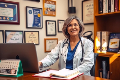 This is a photograph of a female medical professional, likely a physician or nurse practitioner, sitting at her office desk. She is wearing a white coat and blue scrubs, which suggests she is in a clinical setting.