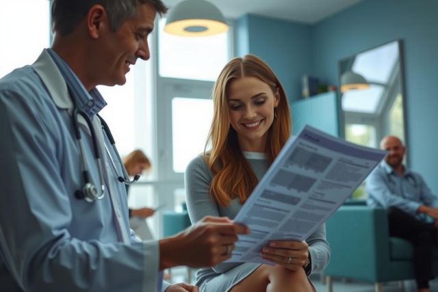 Doctor reviewing paperwork with a patient in a modern clinic setting. Warm lighting, blue accents, and a professional atmosphere create a sense of care and consultation.