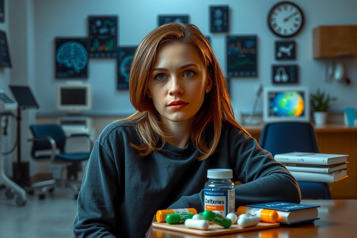 The image features a young woman seated at a desk in what appears to be a laboratory or study setting. She is focused and thoughtful, with her hand resting on the table beside a collection of pill bottles and what looks like scientific equipment or papers.