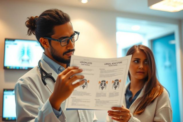 Two medical professionals, a doctor and nurse, examine an X-ray in a clinical setting. They wear scrubs and a white coat, focused on the diagnostic image. The scene highlights healthcare and medical diagnostics.