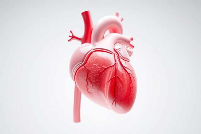 Detailed anatomical illustration of a human heart. Pink and red hues depict the organ and its major arteries against a clean white background. Ideal for medical, science, or health-related searches.