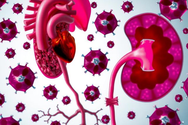 The image is a 3D rendering showing the human kidney with various viruses or bacteria surrounding it. The scene is colorful, mainly in shades of pink and purple, representing cells and microorganisms. This visual appears to be related to topics such as infectious diseases, immune system responses, or medical research.