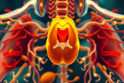 The image is a 3D illustration showing the human body, specifically focusing on the heart and lungs. The heart appears to be beating due to its motion blur effect, while the lungs are red with white outlines, depicting the airways and blood vessels typical of lung tissue.