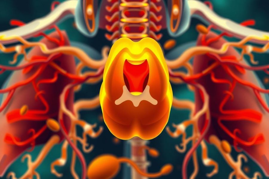 The image is a 3D illustration showing the human body, specifically focusing on the heart and lungs. The heart appears to be beating due to its motion blur effect, while the lungs are red with white outlines, depicting the airways and blood vessels typical of lung tissue.