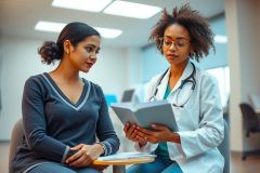 Doctor reviewing patient records during consultation. Healthcare professional in white coat examining chart with a seated patient in a medical office setting. Focus on healthcare and patient care.