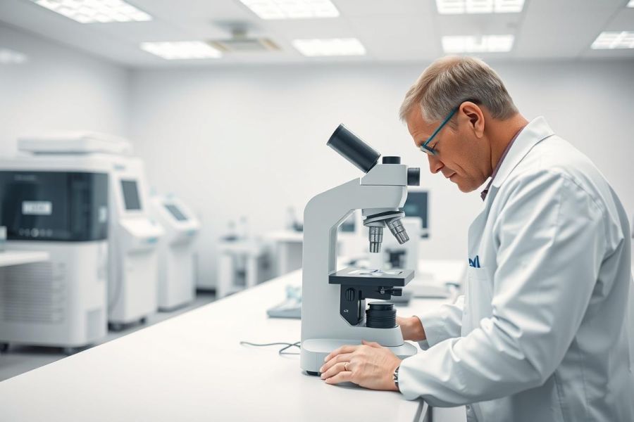 Scientist in a modern laboratory examining a microscope. The image showcases a medical research setting with scientific equipment and a focus on diagnostic analysis. Predominantly white and silver tones convey a sterile, professional atmosphere. Keywords: laboratory, scientist, microscope, research, medical, science, healthcare.
