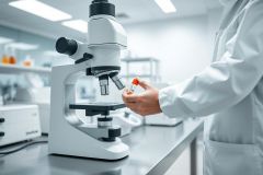 Scientist in a lab examining a sample under a microscope. The sterile environment features white walls, shelves, and equipment. Focus is on the microscope and a small orange specimen, representing scientific research and analysis.