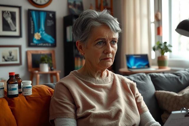An older woman, with a concerned expression, sitting on a couch in an indoor living room environment. The room has various household items such as books and decorative pieces that indicate a homely setting.