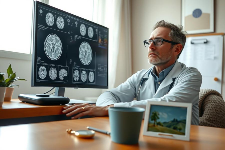 Doctor examining medical scans on a computer screen in a clinic. Focus on diagnostic imaging, healthcare professional, and medical technology.