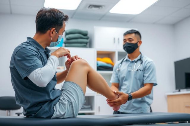 Doctor examining a patient's ankle injury in a medical office. The patient is seated on an examination table, and the doctor is wearing a medical uniform. The scene highlights healthcare and physical therapy.