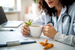 Doctor holding a cup of tea at her desk, surrounded by medical supplies.  The scene depicts a healthcare professional taking a break in a clinic or office setting.  Warm lighting and natural elements create a calming atmosphere.
