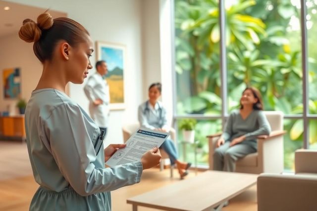 The image features a professional meeting in an office environment. A female doctor or nurse is standing, holding papers and appears to be leading the discussion with her colleagues who are seated.